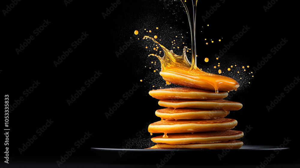 Poster golden syrup cascade: a stack of fluffy pancakes, drizzled with golden syrup, creating a captivating