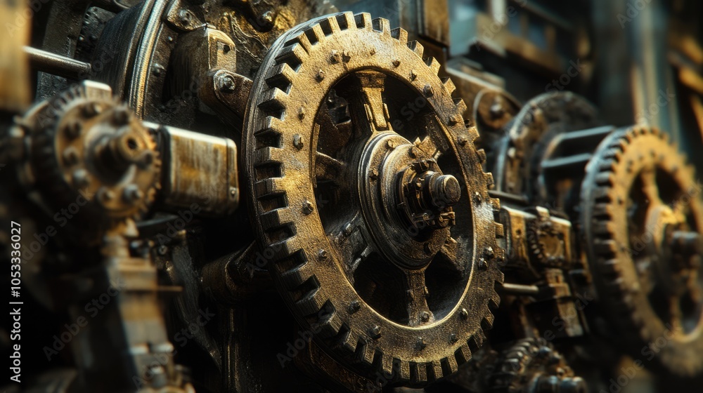 Poster close-up of interlocking gears in a steampunk machine