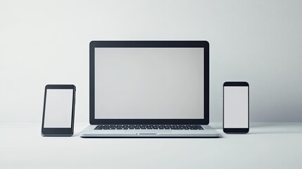 Fototapeta premium A laptop, tablet, and smartphone with blank screens are arranged side by side on a white surface.