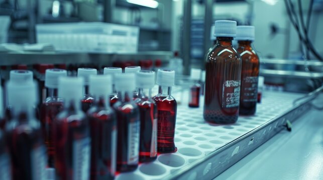 A close-up shot of a row of glass vials filled with a red liquid, likely a chemical or pharmaceutical product. The vials are neatly arranged on a metal tray in a laboratory setting.