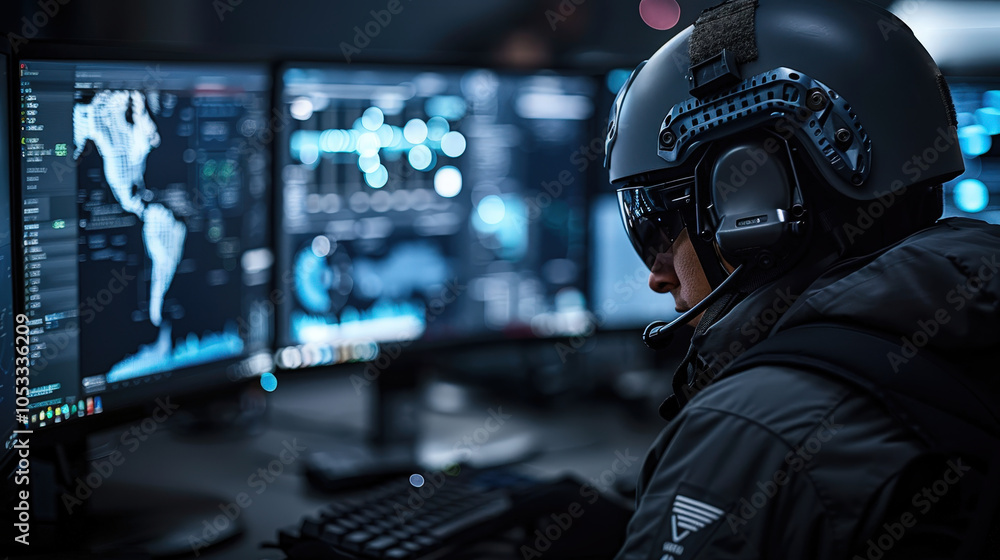 Aufkleber focused individual in helmet and headset analyzes data on multiple screens, showcasing high tech env