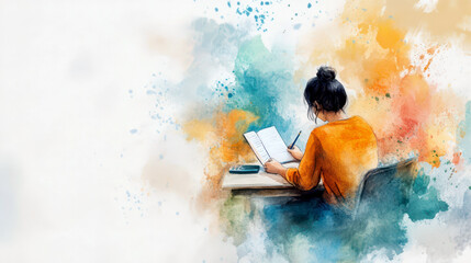 Creative writing process on world writer day - celebrating creativity and literary art. Watercolor illustration. Horizontal banner. Copy space. World Poetry Day. Literacy Day. Knowledge Day