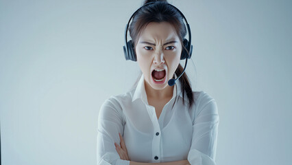 Asian female. Customer support staff wearing headsets, announcers or control tower staff, etc. Copy space. Angry.