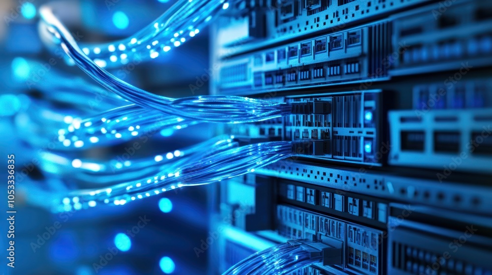 Poster close-up of network cables connected to a server, illustrating data transmission technology.