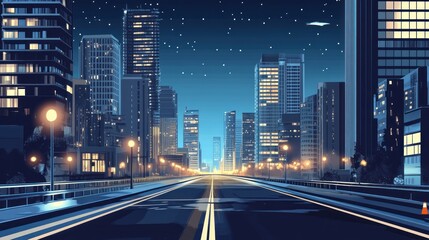 Obraz premium A serene night cityscape featuring illuminated buildings and a clear starry sky.