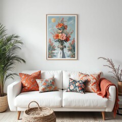 Vibrant and Cozy Living Room with Tropical-Inspired Artwork and Decor