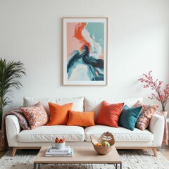 Vibrant and Cozy Living Room with Tropical-Inspired Artwork and Decor