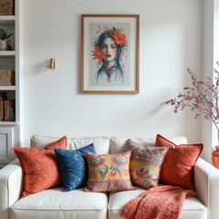 Vibrant and Cozy Living Room with Tropical-Inspired Artwork and Decor