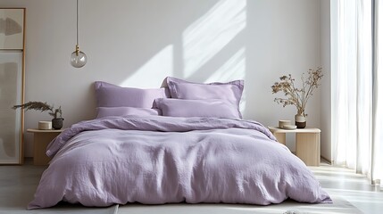 Minimalist bedroom with a light purple duvet cover, white walls, and sleek bedside tables