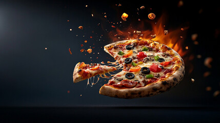 Fiery Pizza Perfection: A delicious pizza with melted cheese and fresh toppings takes flight, engulfed in flames, against a dark background. A vibrant, mouthwatering image perfect for food blogs.