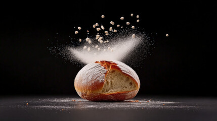 Freshly Baked Bread Explosion: A perfectly baked loaf of bread bursts open, releasing a cloud of flour in a dramatic and delicious still life.