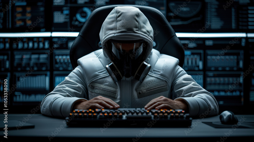 Poster focused individual in white hooded jacket is engaged in intense computer work, surrounded by high te