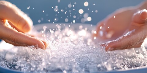 Fototapeta premium Hands submerged in glistening ice water for therapy