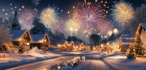 A snow-covered village illuminated by vibrant, colorful fireworks lighting up the Christmas night sky, with the reflections of the fireworks sparkling on the snow below. 
