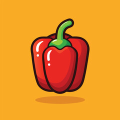 A bright red bell pepper with a green stem, isolated on a yellow background. 