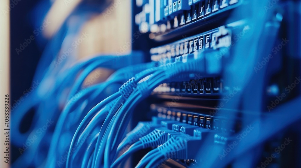Poster close-up of network cables connected to data equipment in a server room.