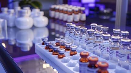 Obraz premium Rows of clear glass vials with silver caps and labels sit on a white tray in a sterile medical setting.