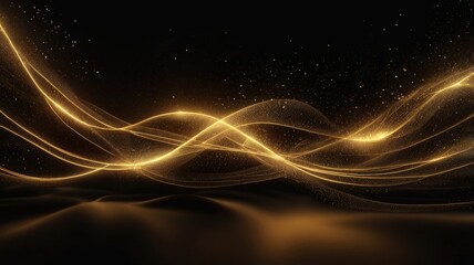 Dark Black sparkling waves with particles golden light lines background