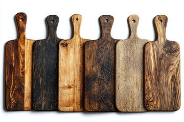 Variety of Wooden Cutting Boards Collection on White Background - Unique Kitchen Tools and Utensils Set