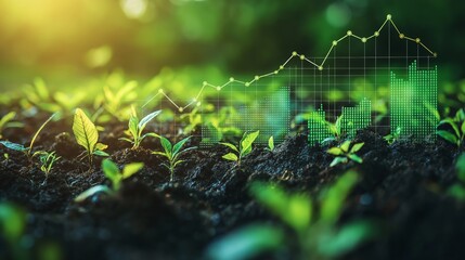 Financial growth in sustainability, with young seedlings emerging from soil, overlaid with green financial data graphs symbolizing the rise of ESG investments and ecological progress.