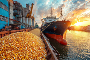 Global Grain Trade: Dry Cargo Ship Loading Corn at Harbor for Worldwide Distribution