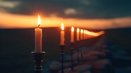 Menorah Lit at Twilight Outdoors