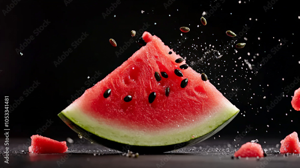 Poster watermelon splash: a vibrant slice of watermelon explodes in a burst of juicy delight, creating a dr