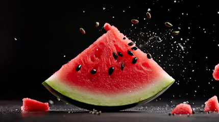 Watermelon Splash: A vibrant slice of watermelon explodes in a burst of juicy delight, creating a dramatic splash of red and black against a dark backdrop.  