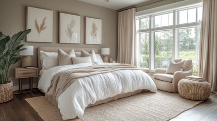 Fototapeta premium Minimalist guest bedroom with modern furniture, clean lines, and a soft neutral color scheme.