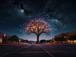 A Woman Stands Before a Network of Light in a Starry Night