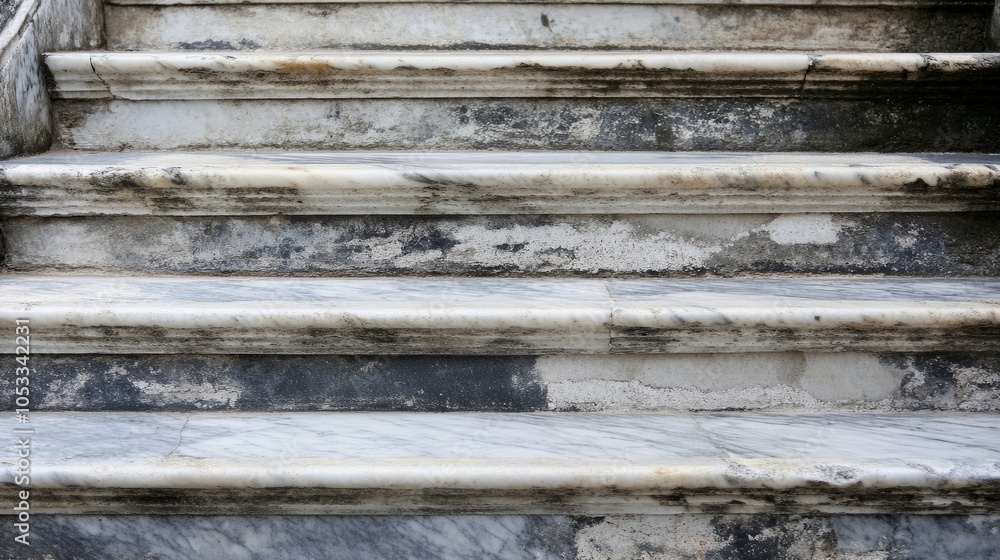 Poster close-up of weathered marble steps with a worn and aged look. the steps are slightly uneven, adding 
