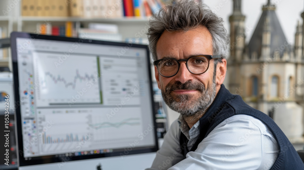 Poster professional man with glasses and beard, working at computer desk, analyzing data on screen. environ