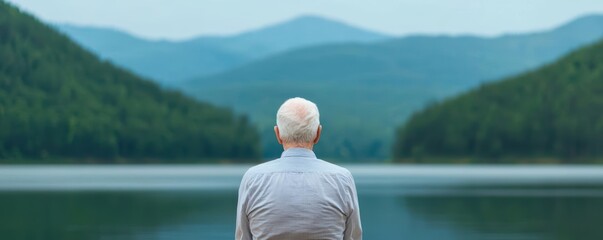LGBTQ elder reflecting peacefully on their journey, sitting by a serene lake, LGBTQ elder, resilience, reflection, Resilience and introspection in aging