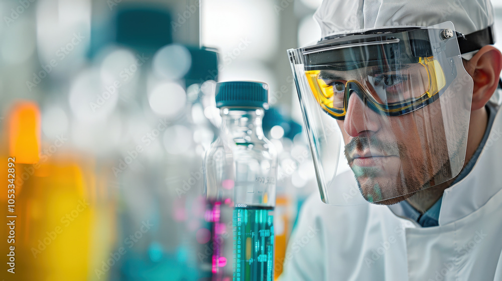 Poster focused engineer in protective equipment analyzing colorful liquids in laboratory. atmosphere is int