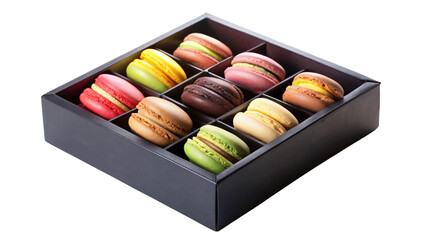 A black box containing an assortment of macarons, set against a transparent background. Each macaron is nestled in its own compartment, displaying beautiful and colorful layers