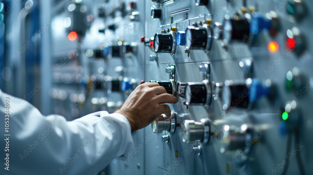 Poster engineers inspecting control panels at nuclear facility, focusing on various switches and indicators