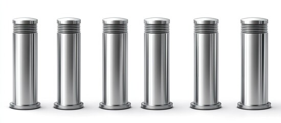 Six silver bollards lined up in a row, isolated on white background.