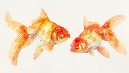 Watercolor illustration of two vibrant goldfish swimming peacefully on a pure white background.
