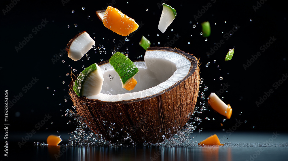 Poster coconut splash: a captivating visual of a halved coconut exploding with vibrant fruit and water, cre