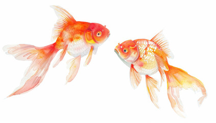 Fototapeta premium Watercolor illustration of two vibrant goldfish swimming peacefully on a pure white background.