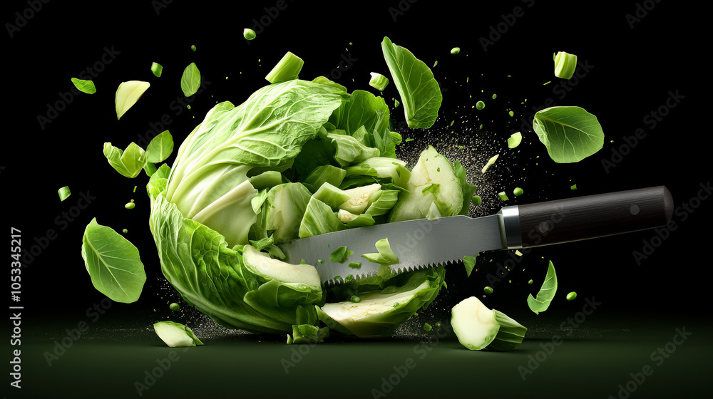 Poster cabbage explosion: a fresh start: a dramatic and dynamic image capturing the moment a chef's knife s