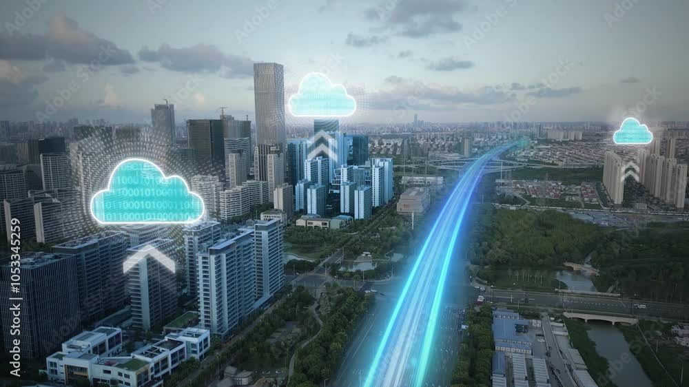 Poster aerial of shanghai's business district with animated digital infrastructure. computer cloud animatio