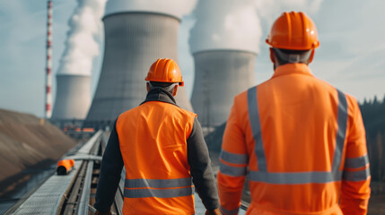 Engineers in safety gear walking towards nuclear power plant, showcasing teamwork and dedication in critical industry. scene emphasizes safety and professionalism