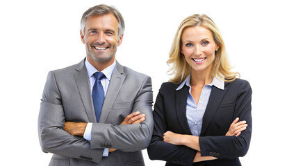 An image of the man and woman, this time standing closer, dressed in gray and black suits, symbolizing business partnership, set against a transparent background