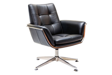 Fototapeta premium Black leather armchair with deep tufted cushions, wide armrests, and a sleek chrome swivel base, blending modern comfort and retro aesthetics in a compact, elegant form, set against a transparent back