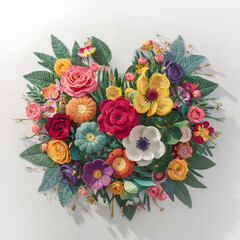 Embriodered  floral bouquet in the shape of a heart. Crocheted summer wildflowers are gathered in an exquisite delicate bouquet. grass, beads, leaves, twigs.