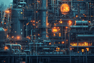 Industrial Complex: Chemical Plant with Machinery and Piping under Navy Lights