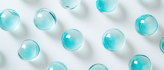 transparent gel ball sphere with top view and light blue liquid inside on white minimalist background