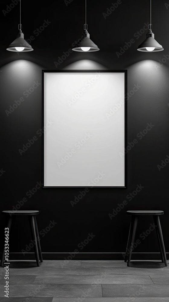 Poster a black and white mock-up of a blank poster frame with two stools in front of it and three pendant l