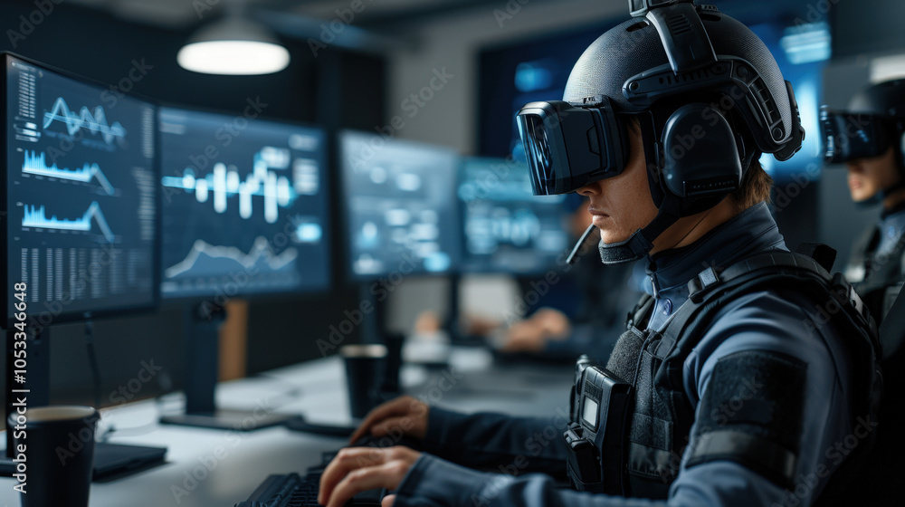 Poster focused electrical engineer wearing helmet and headset, engaged in advanced technology work at multi